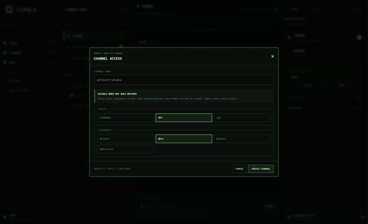 Cirqle Chat channel creator selecting room access by custom role or username