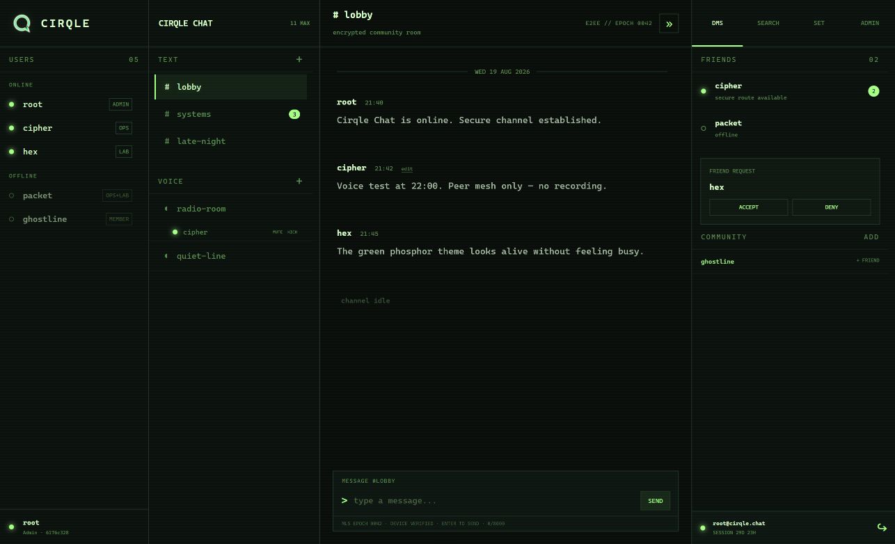 Cirqle Chat showing users, rooms, an encrypted conversation, friends, and settings